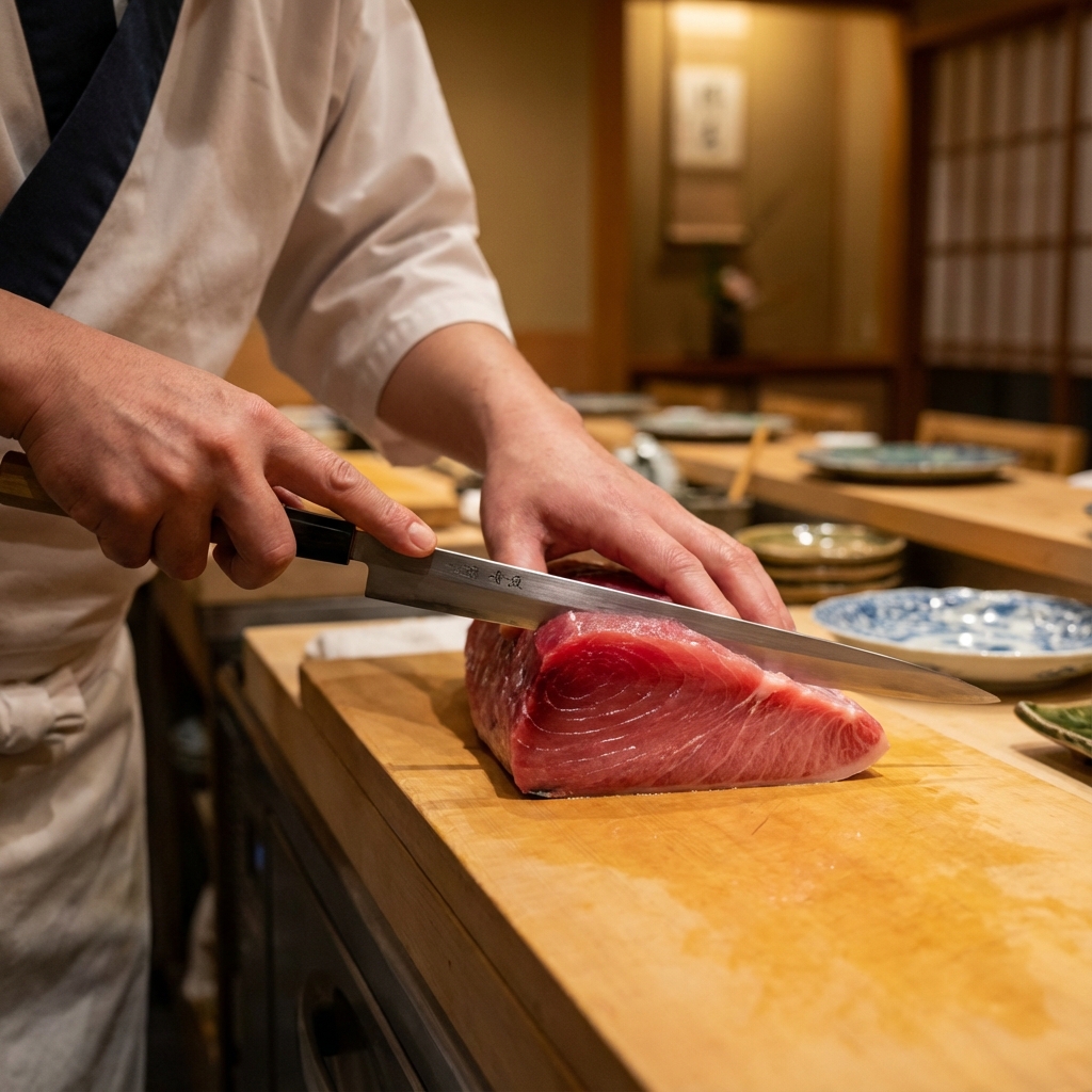 店主が厳選した生本マグロを捌く様子